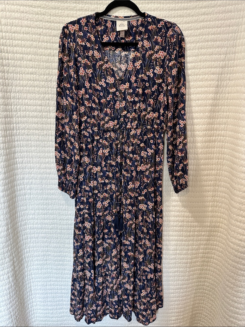 Knox Rose Navy Floral Long-Sleeve Midi Dress with Pink Flowers